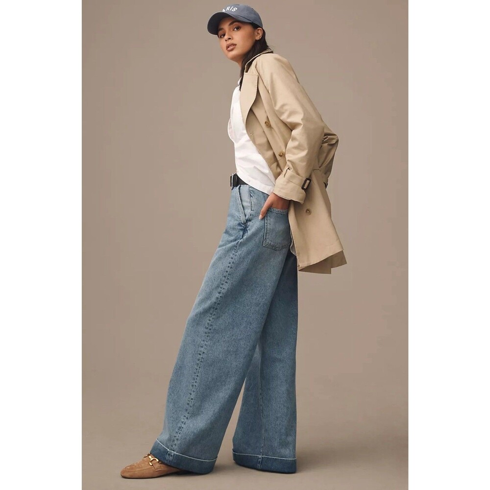 Anthropologie Pilcro High Rise Pleated Wide Leg Cuff Trouser Jeans Blue Size 31 - Picture 2 of 12